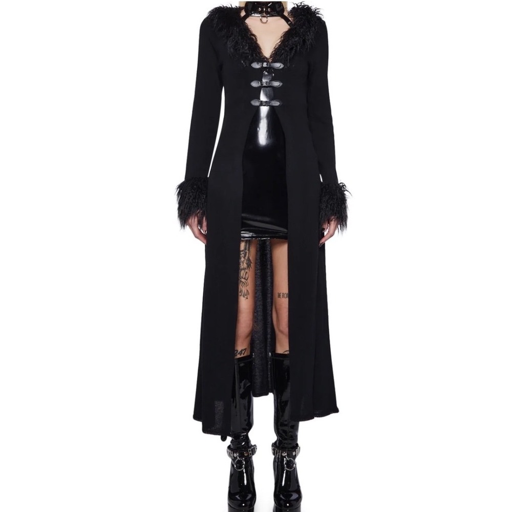 Widow Off Day Knit Faux Fur Trim Buckle Front Longline Duster Cardigan Women 2X